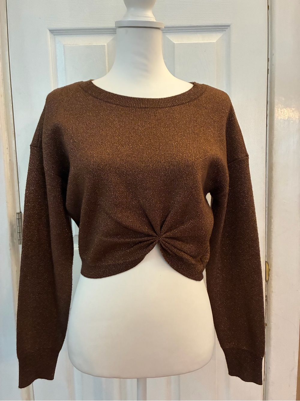 Anthropologie Gemini Knit Twist-Front Cropped Jumper Top Shimmer Bronze XS